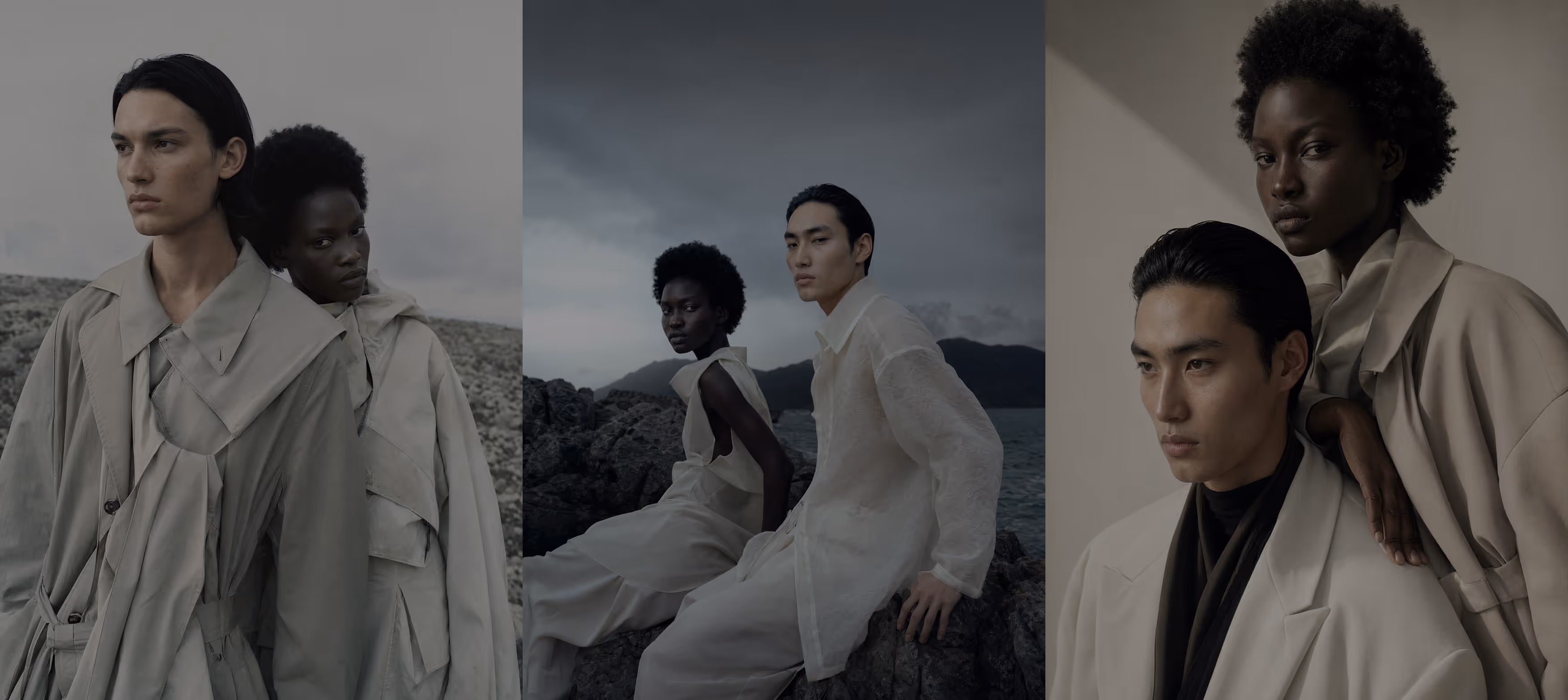 A triptych of fashion portraits featuring an Asian man and a Black woman wearing neutral-toned modern outfits in outdoor and indoor settings.