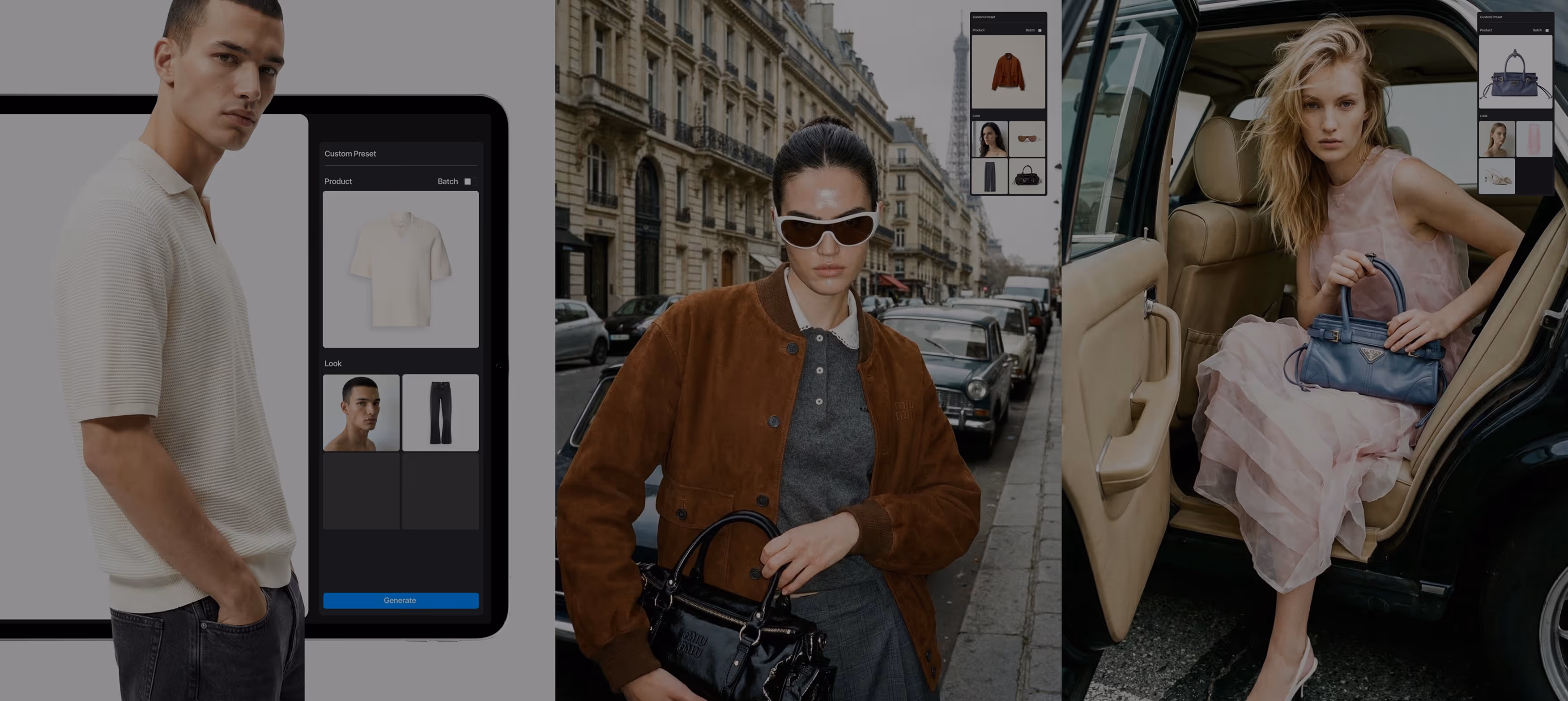 Collage of three fashion images: a man in a white textured polo shirt and black jeans standing next to a tablet showing clothing options; a woman in sunglasses wearing a brown jacket and gray outfit holding a black handbag on a Paris street; and a woman in a pink dress sitting in a car holding a blue handbag.