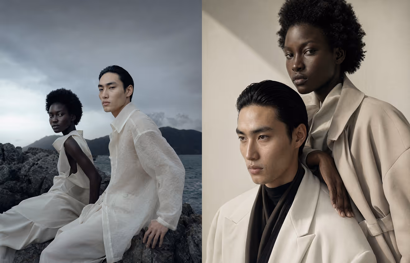 Portraits of a Black woman with natural afro hair and an Asian man wearing elegant neutral-toned clothing in outdoor rocky seaside and indoor studio settings.