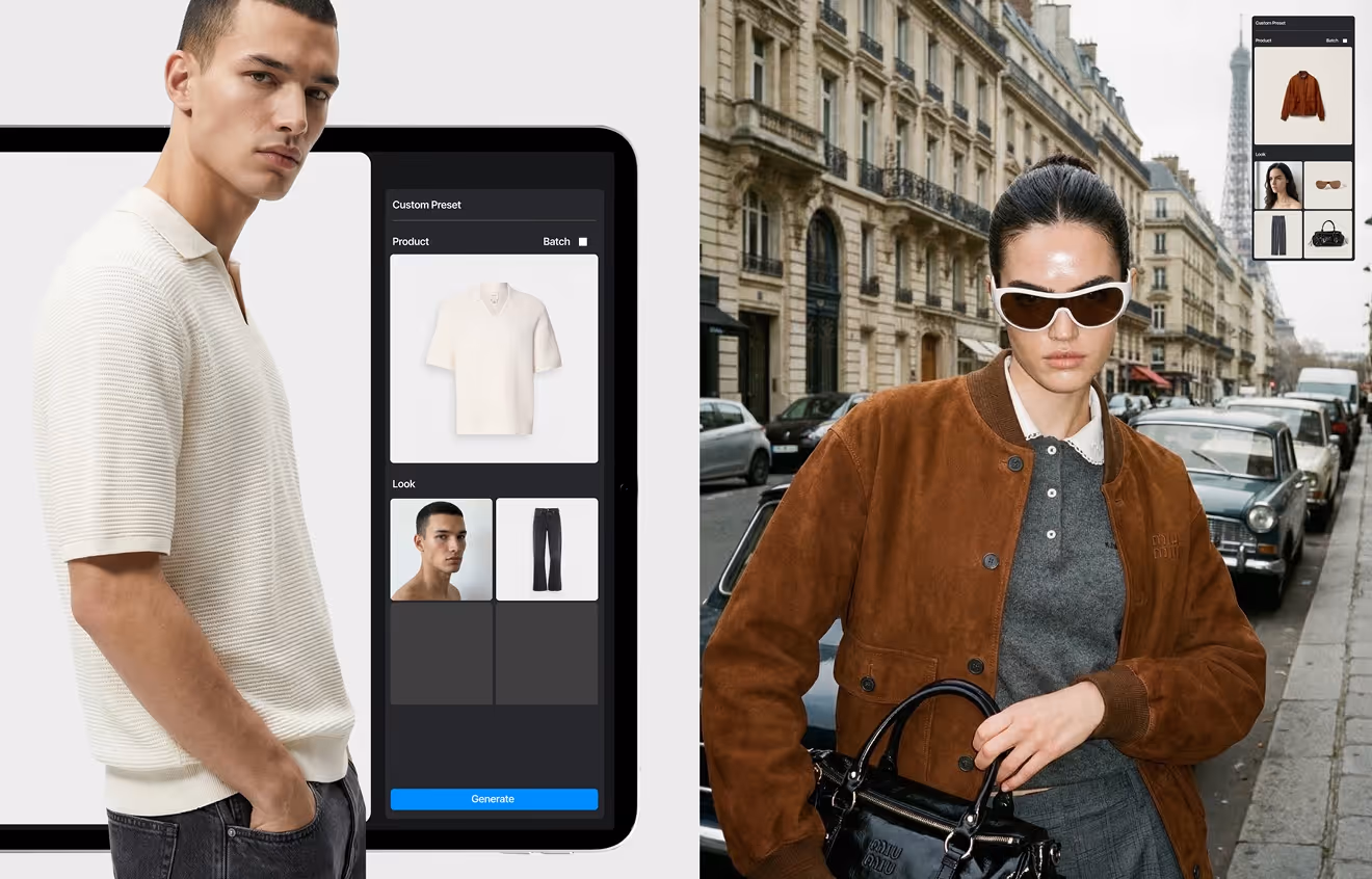Left: man wearing a cream short-sleeve polo shirt standing next to a digital screen showing the shirt and outfit options; Right: woman in sunglasses wearing a brown jacket over a grey polo shirt, holding a black handbag on a city street.