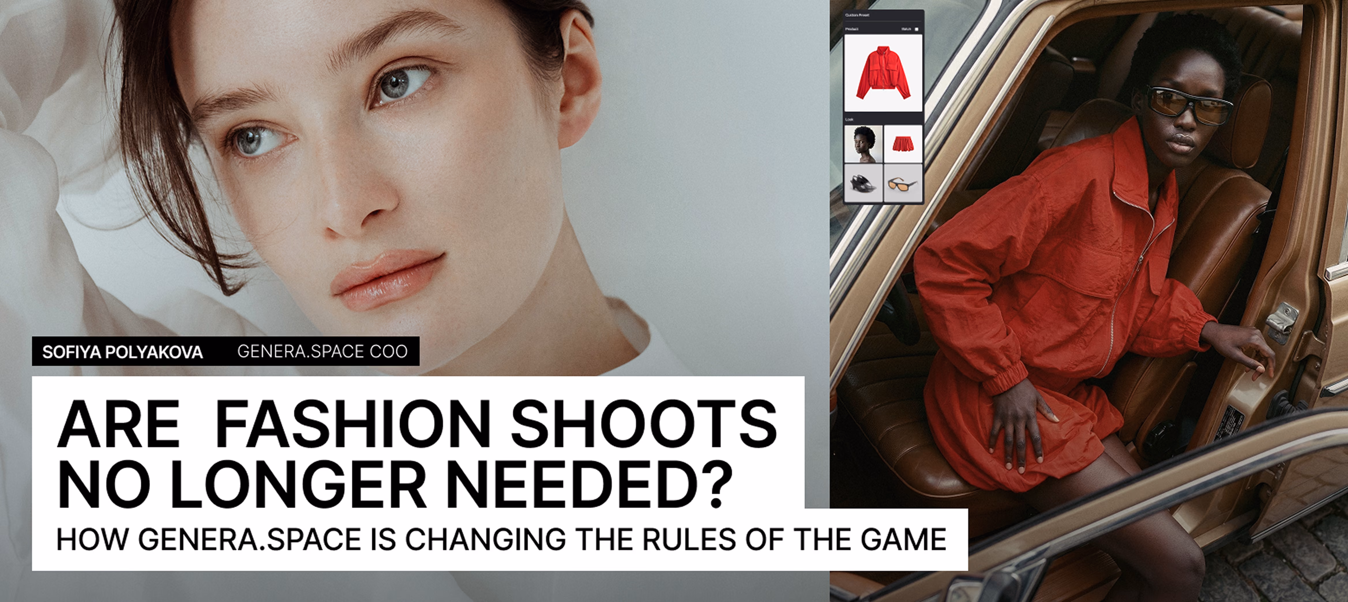 Left side close-up of a woman’s face; right side a model in red outfit sitting in a car door.