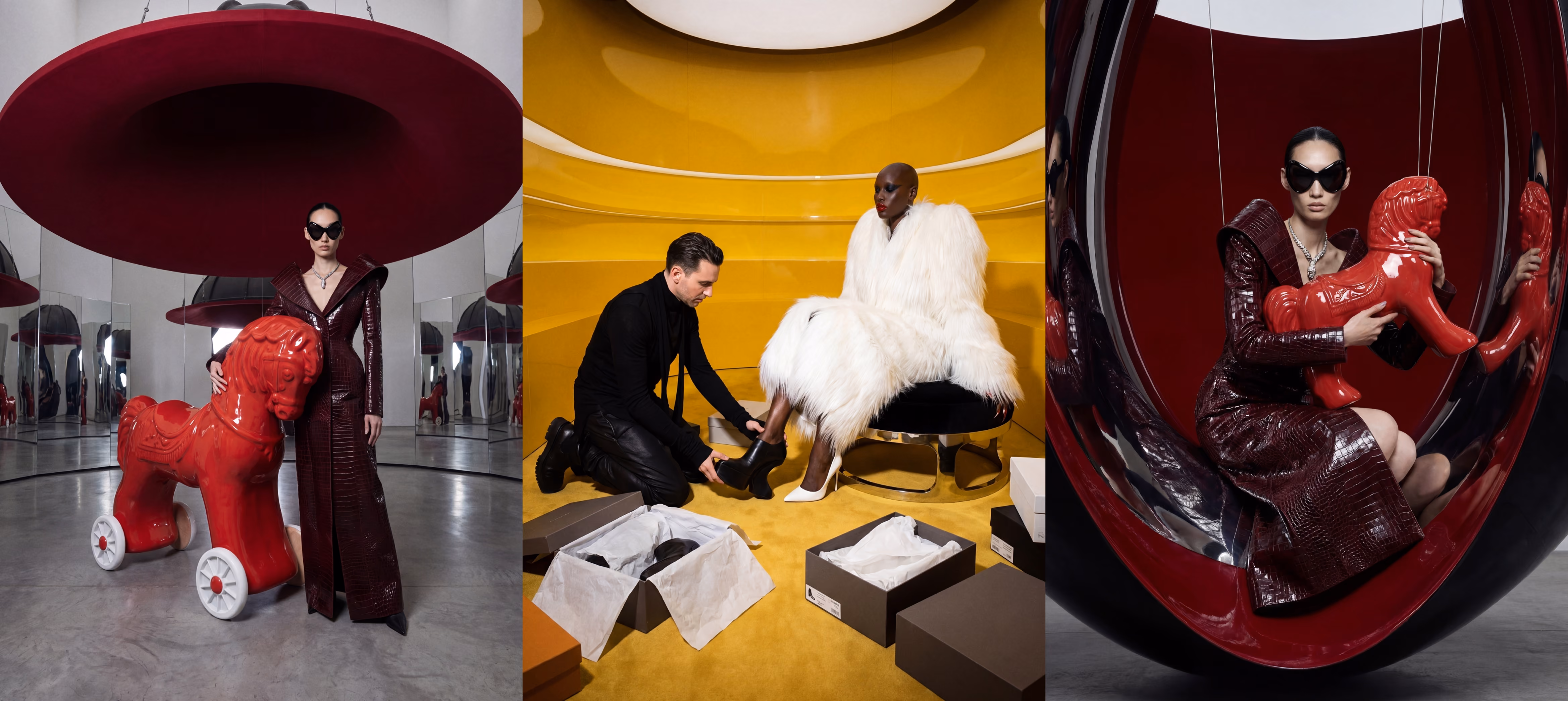 Triptych of fashion shots: woman in maroon dress with red horse toy, man fitting boots on woman in white fur coat.