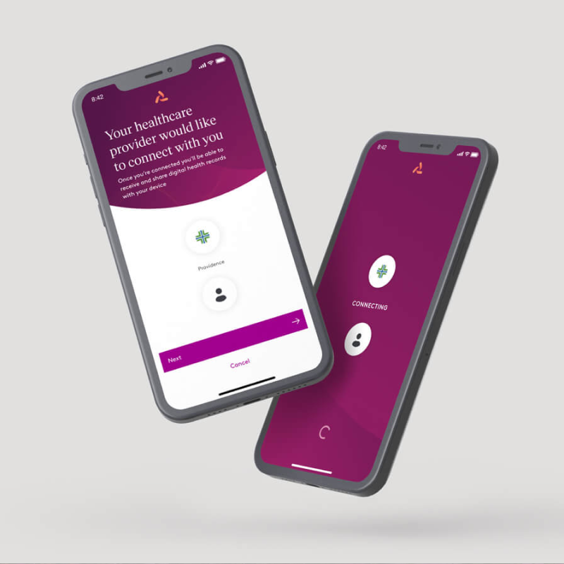 Two phones showing a plum healthcare connection app