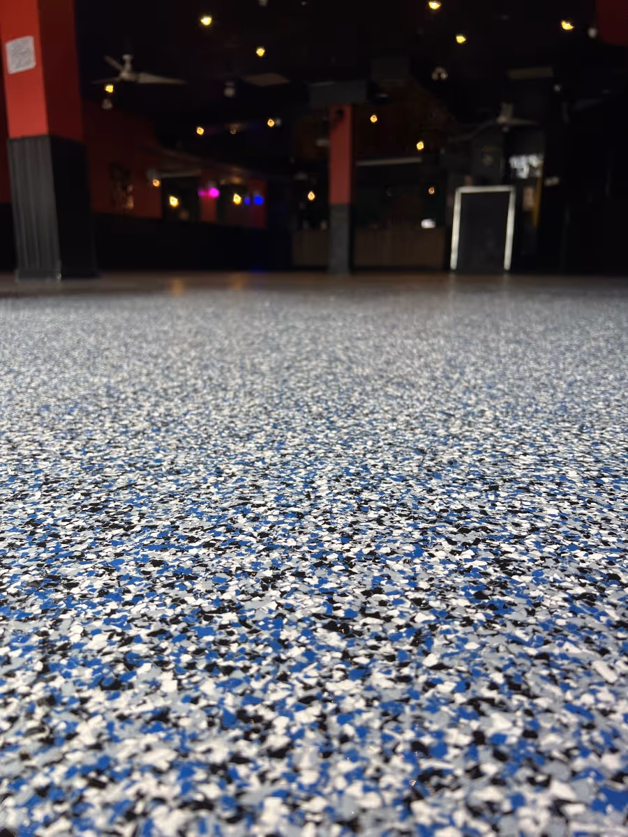 Commercial building with epoxy flake flooring