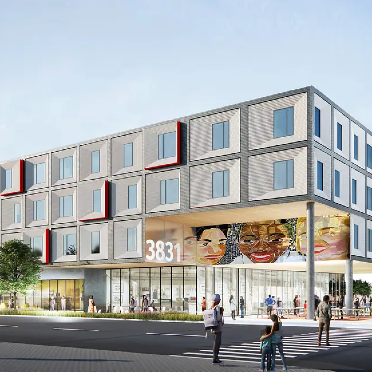 Architectural rendering of the Humboldt Park Passive Living building in Chicago, featuring modern design, large windows, public plaza, ground-floor retail spaces, and community artwork on the facade.