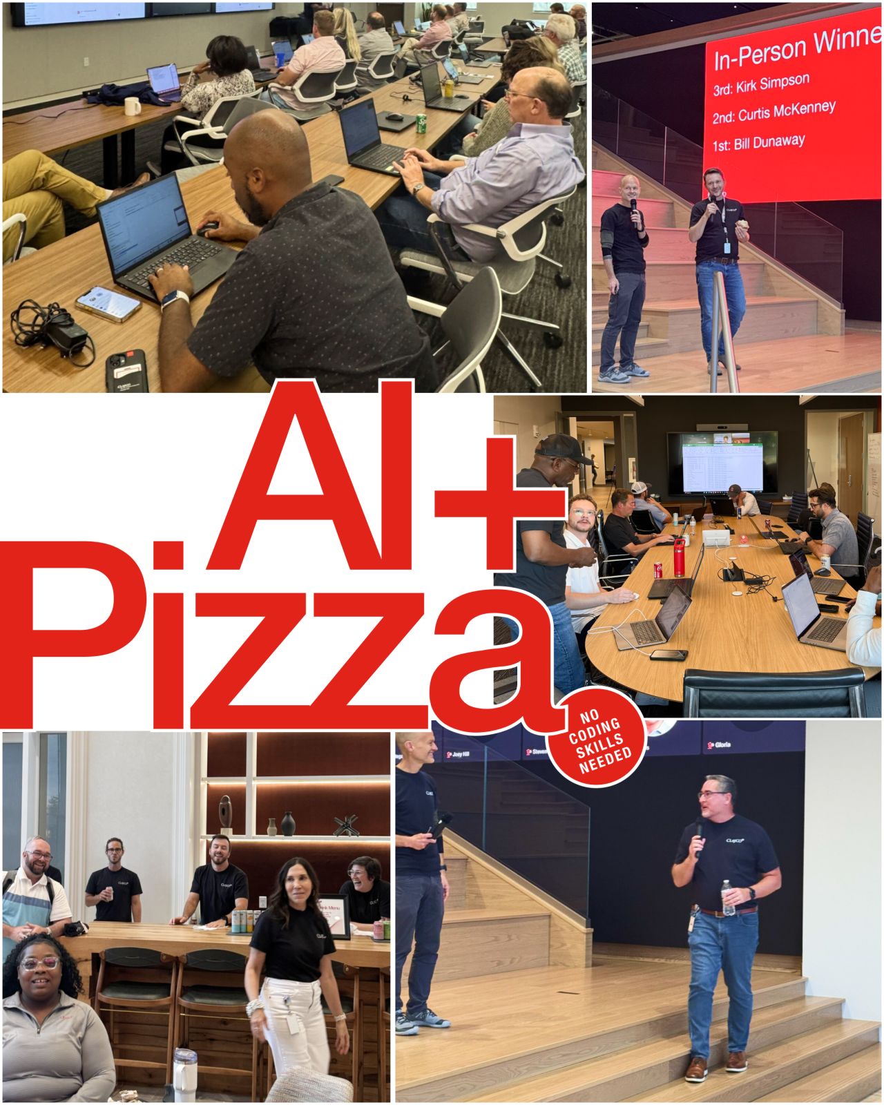 Collage of photos from an AI + Pizza event showing people collaborating on laptops, group discussions, and presentations. A large central graphic reads “AI + Pizza” with a note “No coding skills needed.” Winners of an in-person AI challenge are announced on stage, while attendees enjoy networking, teamwork, and casual conversations in a modern office setting.