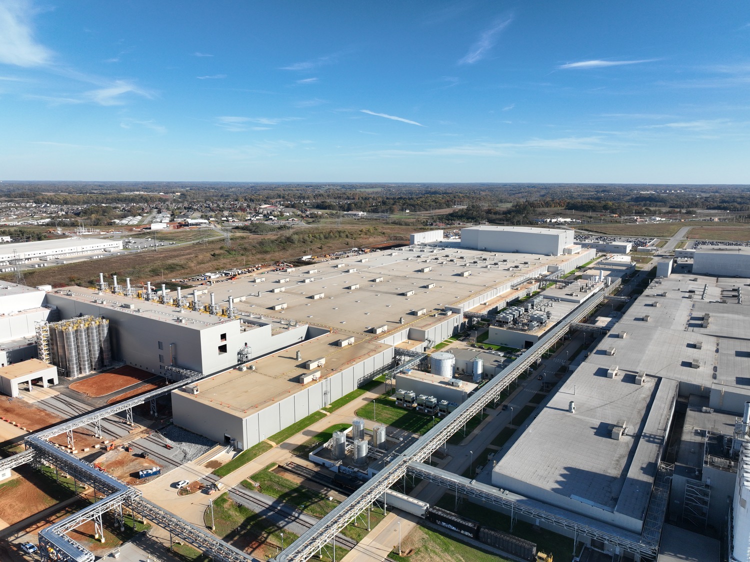 An aerial drone shot of the Hankook Tire Manufacturing Plant in Clarksville, Indiana