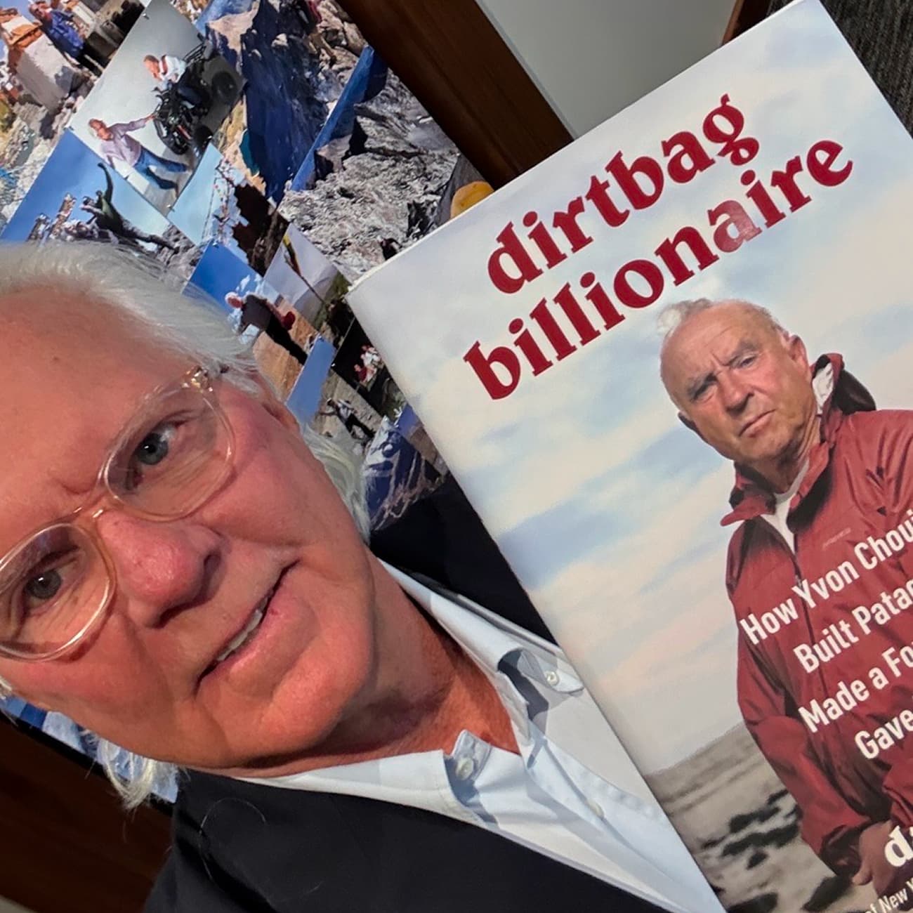 Bob Clark taking a selfie while holding the book Dirtbag Billionaire by Yvon Chouinard, symbolizing inspiration from Patagonia’s sustainable leadership and its relevance to the construction industry.