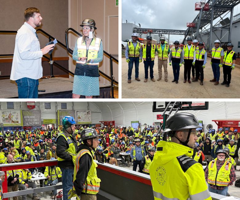 Two images show construction safety meetings, with workers wearing hard hats and high visibility vests gathered indoors while speakers address them about safety and operations.