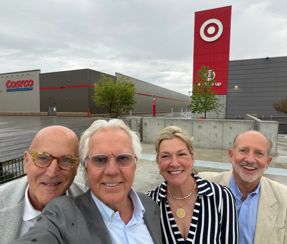 Selfie of a group of 4 people in front of Target and Costco at the Market on Olive in St. Louis