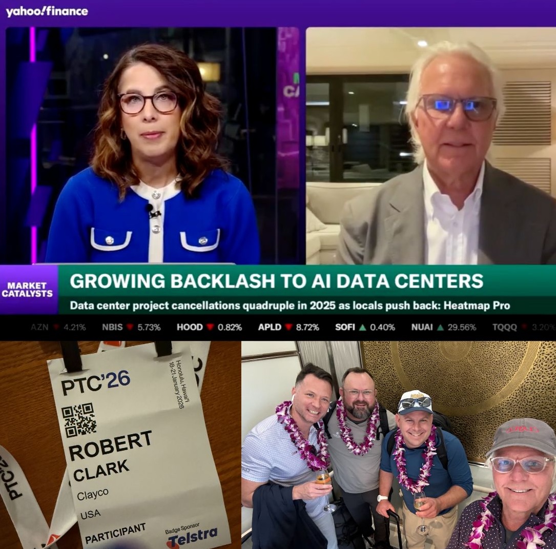A collage of four images from the Pacific Telecommunications Conference in Honolulu. The top image shows a split screen Yahoo Finance interview with a female news anchor on the left and a male executive joining remotely on the right, with a headline reading “Growing Backlash to AI Data Centers.” The bottom left image shows a conference badge labeled PTC’26 for a Clayco participant. The bottom right image shows four men wearing leis, smiling and holding drinks at a conference networking event.