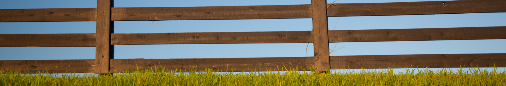 A wooden fence with weathered, gray posts and horizontal planks stands in a field of green grass. The sky is blue and cloudless.