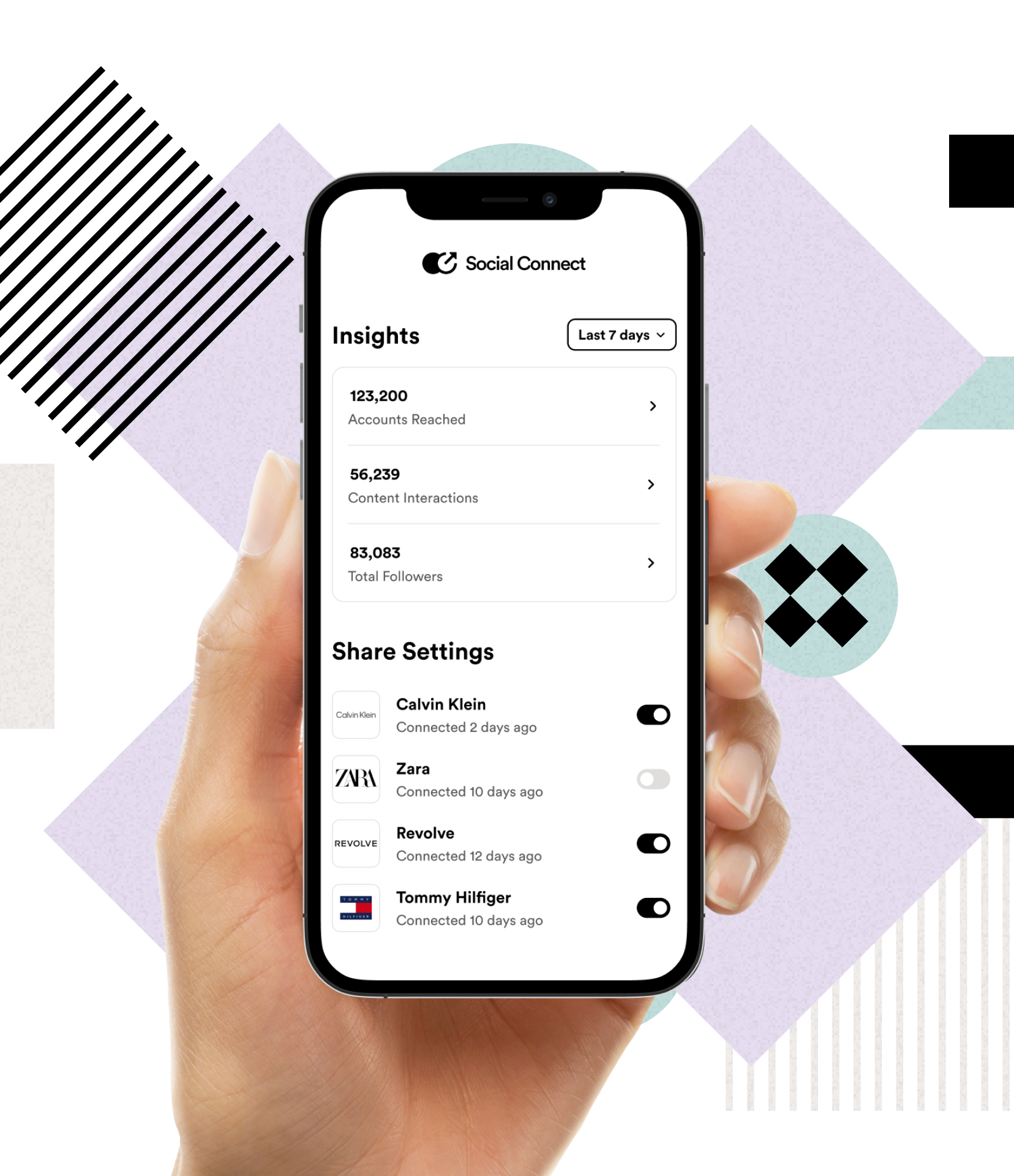 Image of a hand holding an iPhone with the Social Connect app open