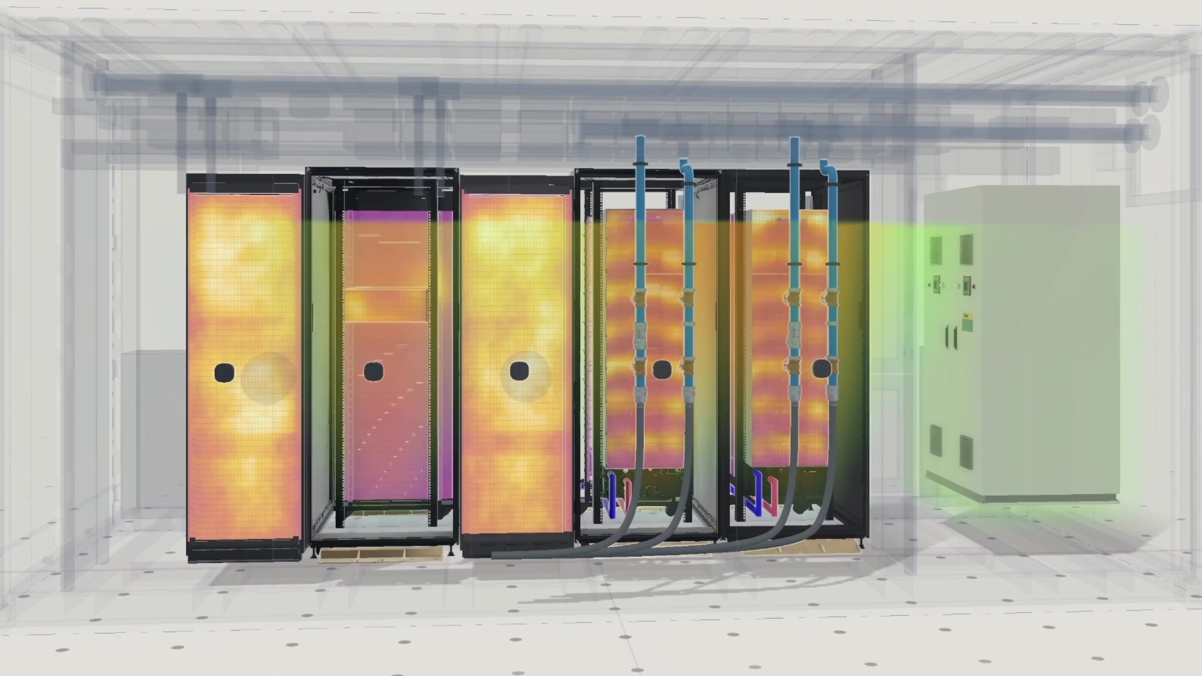 Thermal digital twin of a containerized AI data center module, showing heat across racks and coolant lines