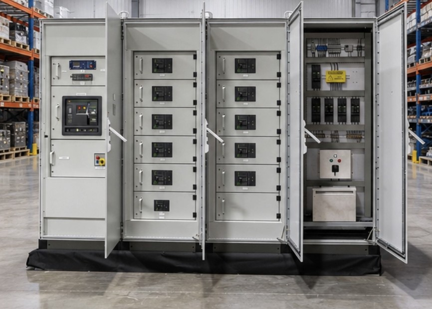 Power distribution cabinets with doors open