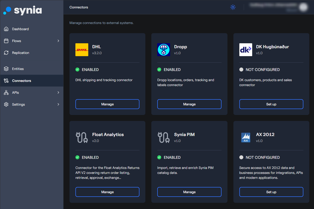 Synia Platform Connectors showing DHL, Dropp, DK Hugbúnaður, Float Analytics, Synia PIM and AX 2012