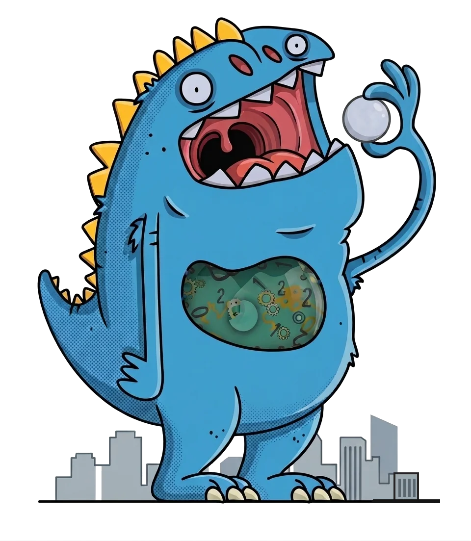 Cruncher, the Media Bubble Studio mascot, counting ad spend