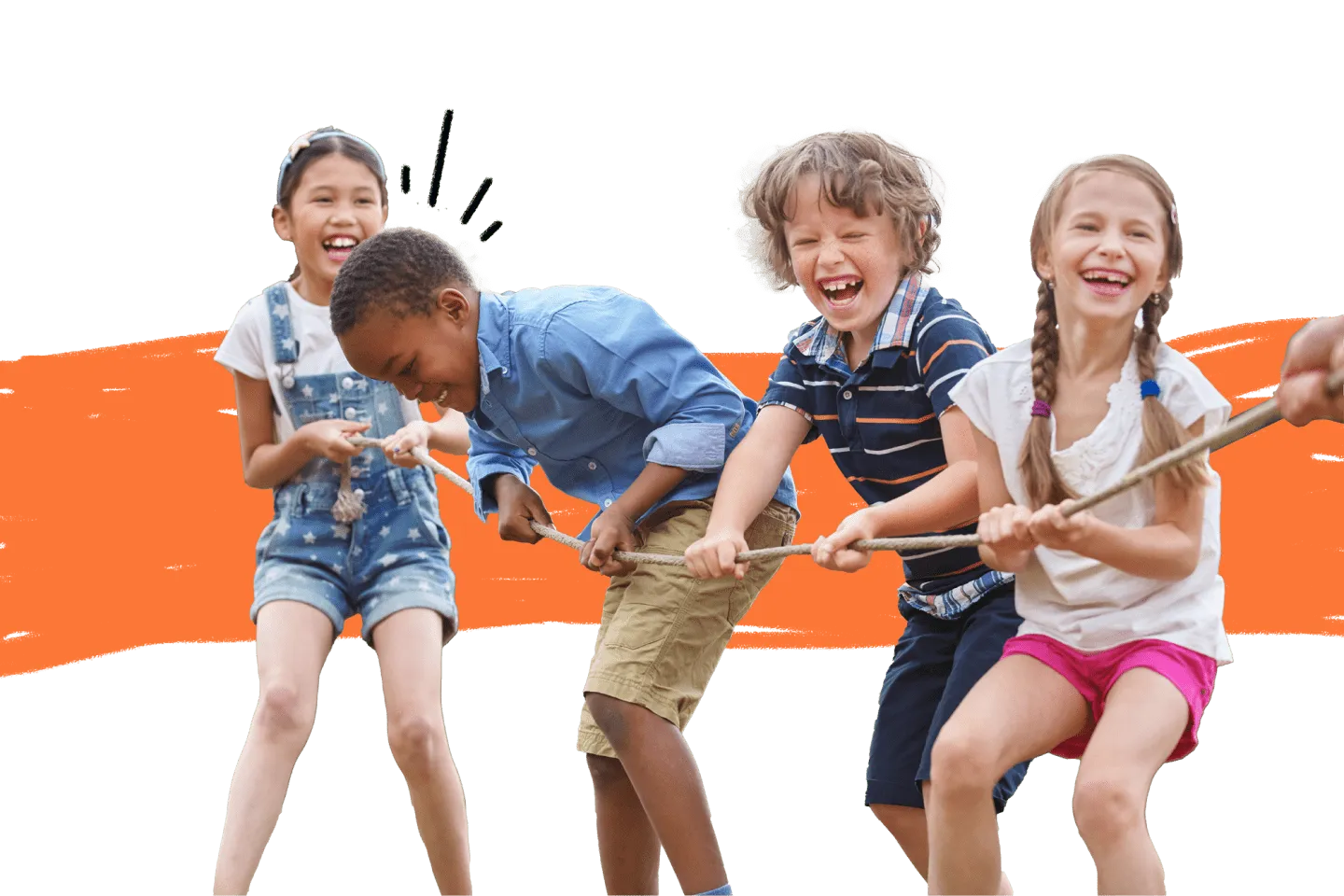 A group of children playing tug-of-war