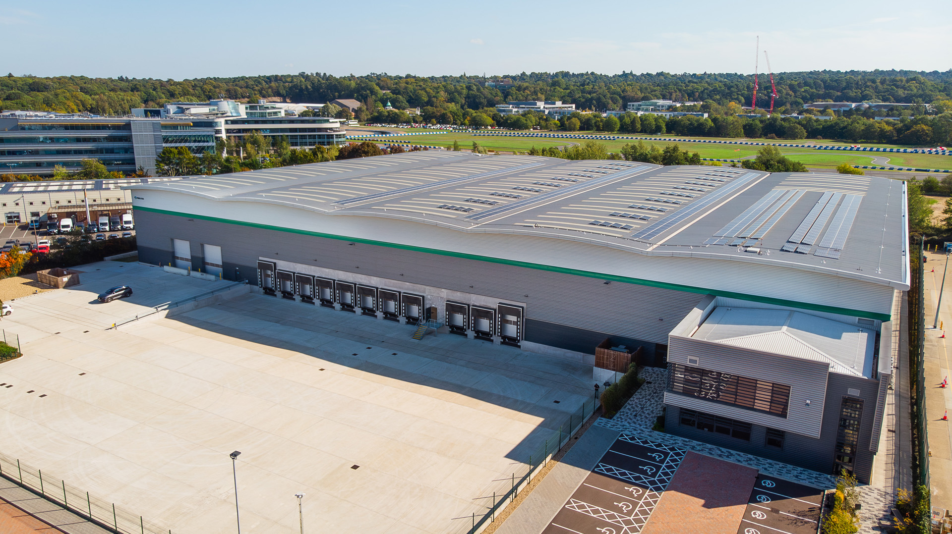 An aerial image of a large warehouse