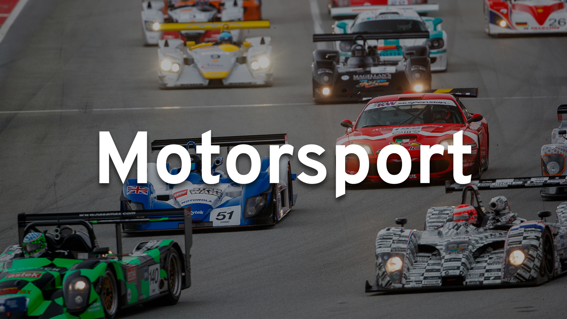 Race cars on track in with a title overlaid