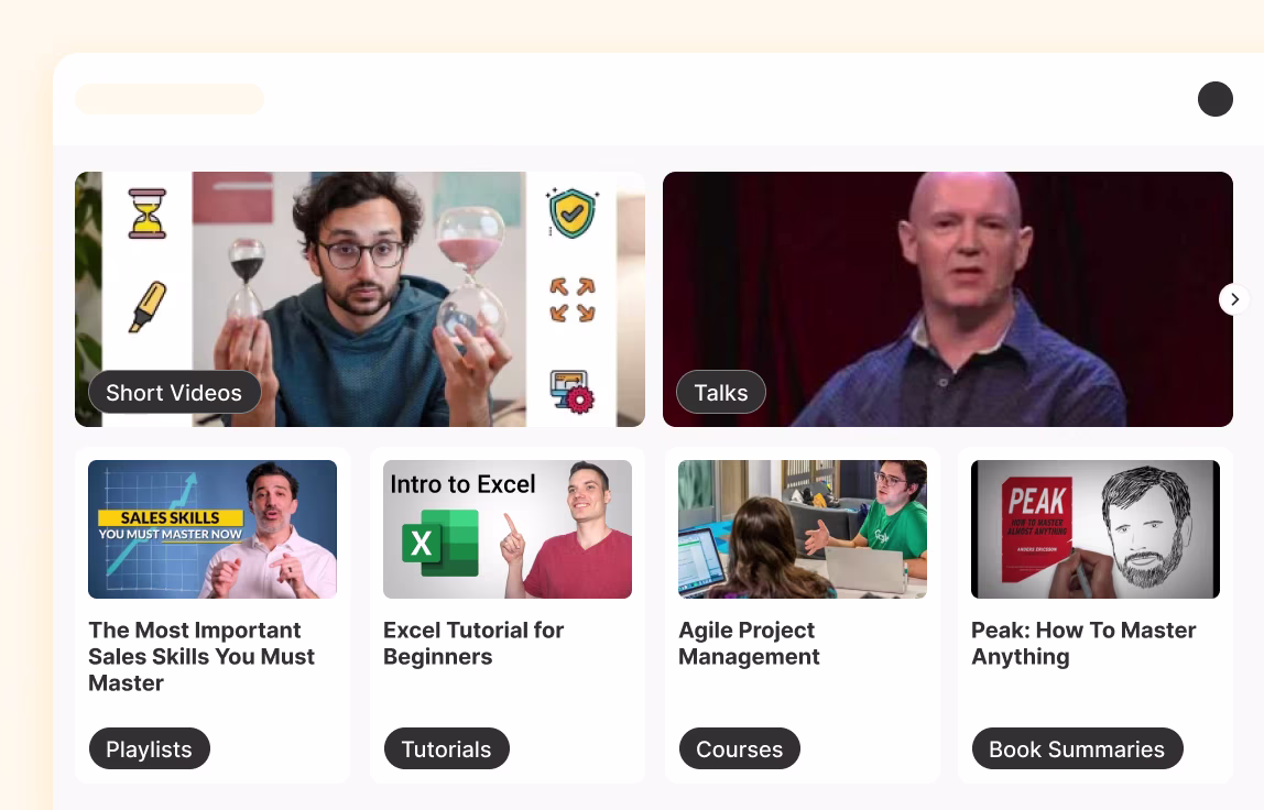 image showing the several types of content, from short videos, talks, playlists, tutorials, courses and book summaries