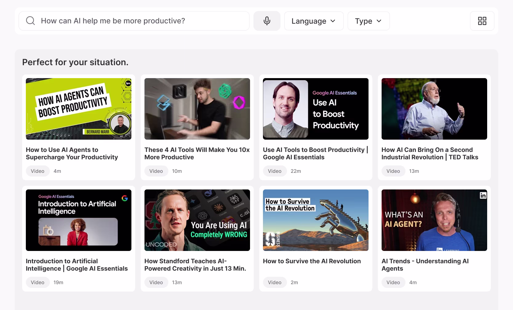 hub's search page with activities related to the input search: How can AI help me more productive?