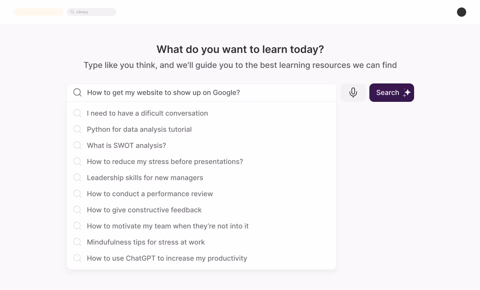 Hub's homepage showing a search bar with the text inside of it: How ti get my website to show up on Google? and a list of suggestions below it