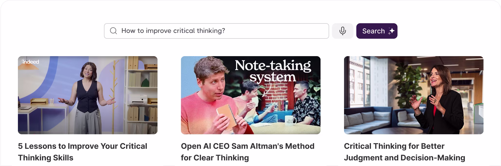 Main image hero showing the hub's homepage with a search bar with the text inside it of: How to improve critical thinkin? and showing three activities cards associated with that smart search
