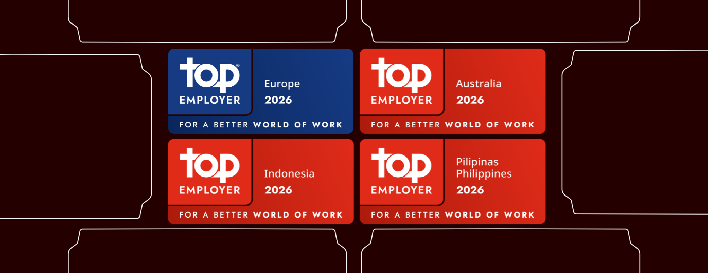 Logos of the "Top Employer" accreditation, in blue and red on a Coca-Cola brown background with white shape outlines around
