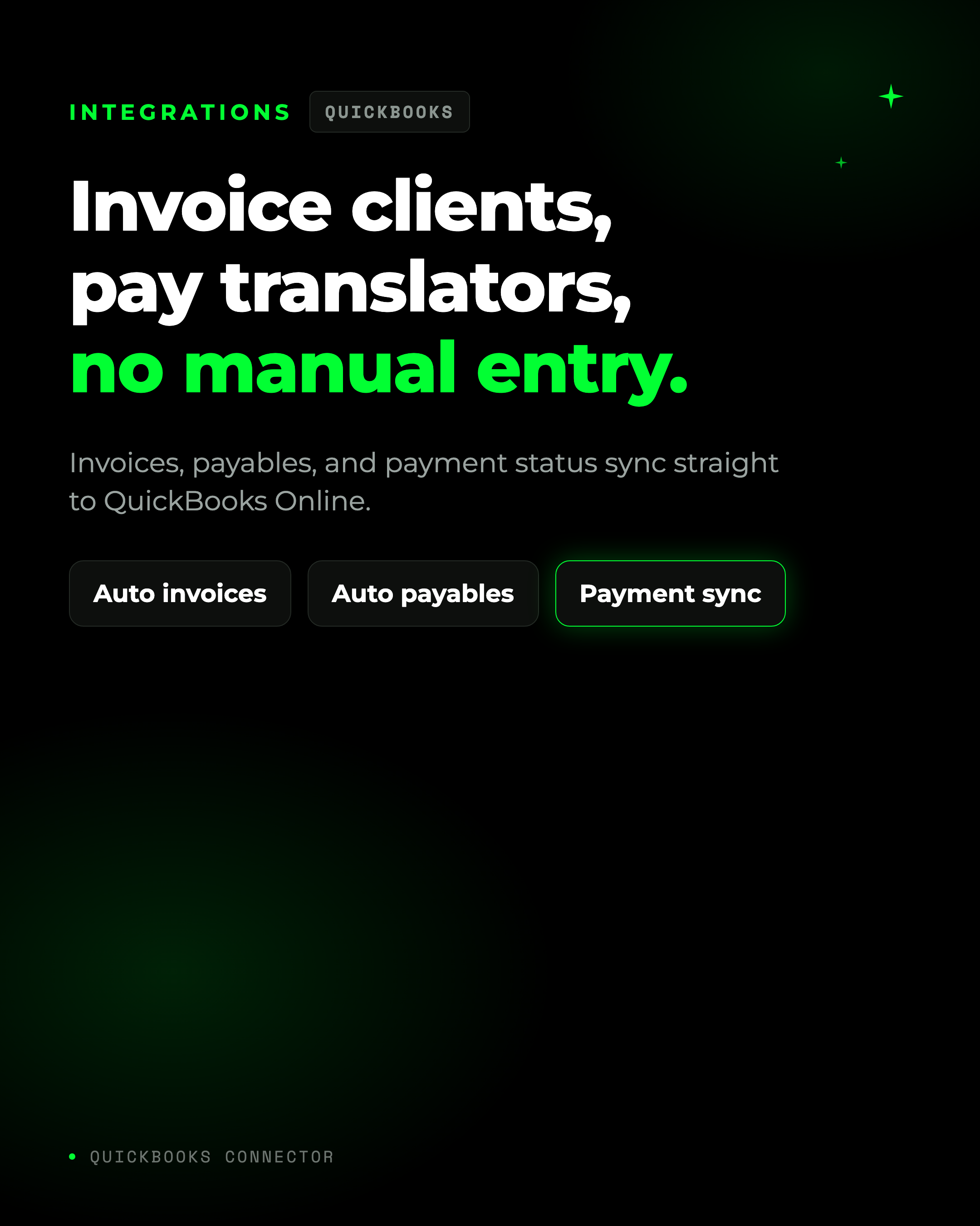 Invoice clients, pay translators, no manual entry. QuickBooks connector: auto invoices, auto payables, payment sync.
