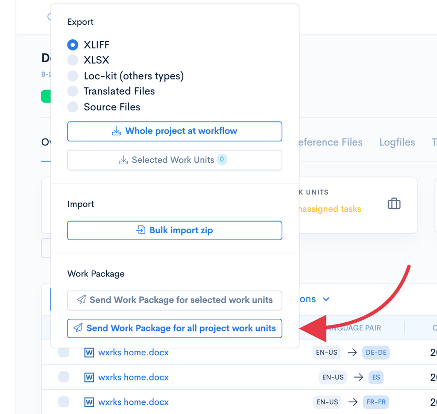 The Import/Export menu in wxrks with the new Work Package section: Send Work Package for all project work units