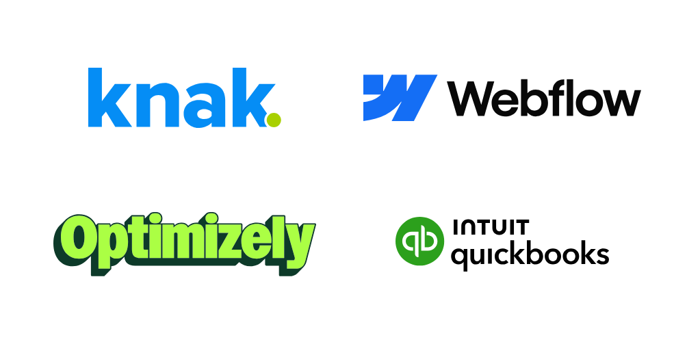 The Knak, Webflow, Optimizely, and QuickBooks logos on a light card