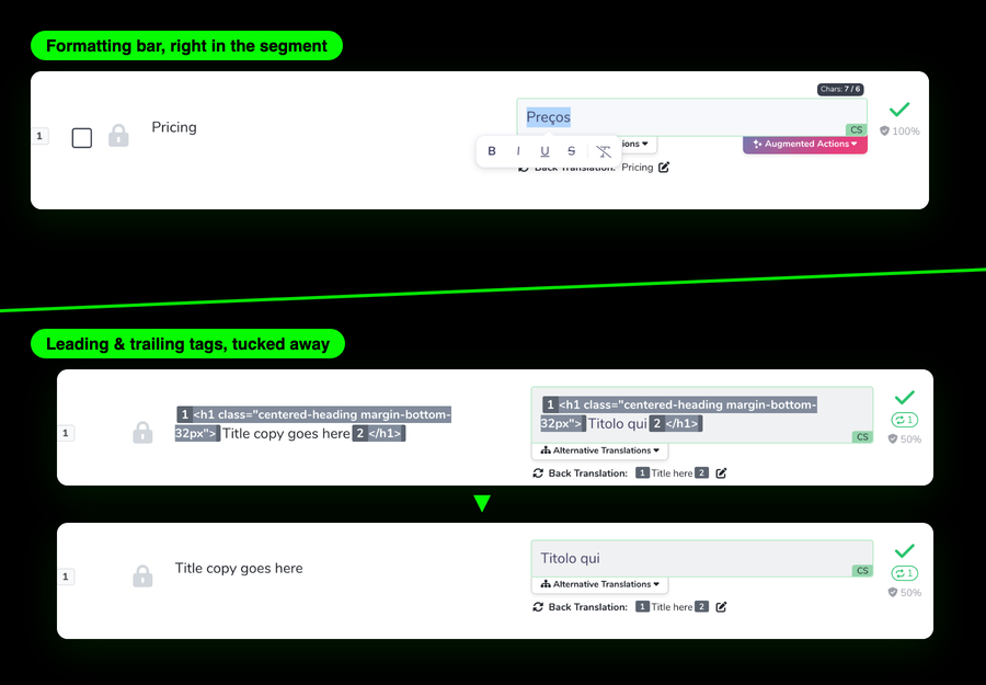 The wxrks Editor with the in-segment formatting bar, a Markdown file previewed as formatted text, and leading and trailing tags hidden