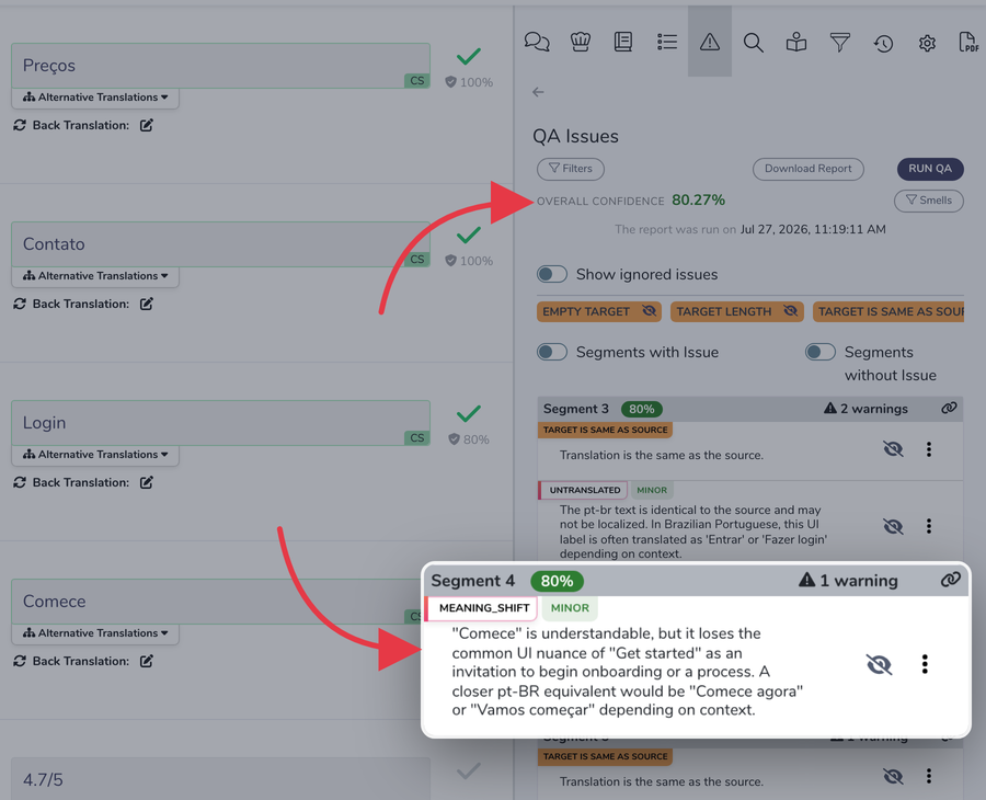 A Work Unit in wxrks showing per-segment Confidence Scores from a bulk Smells and QA Check run