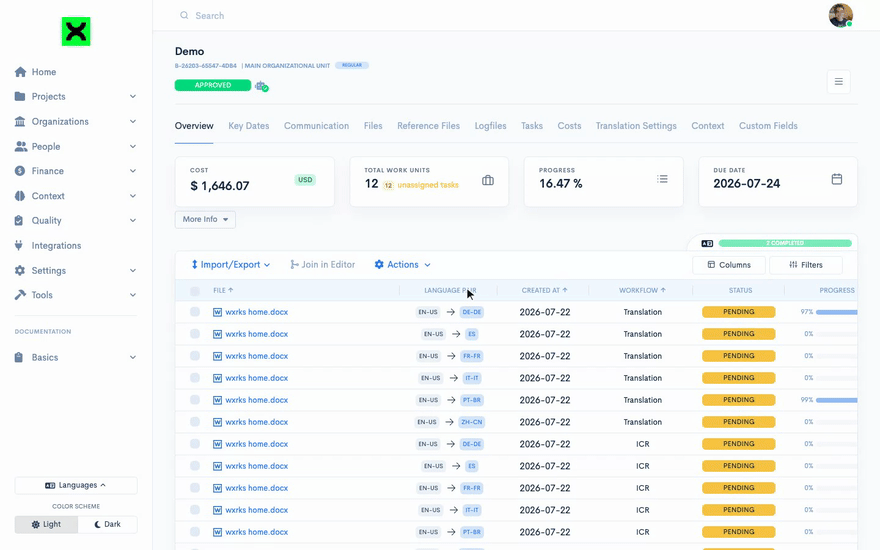 Opening the Columns panel in a wxrks project, enabling Assignee, and dragging it into a new position