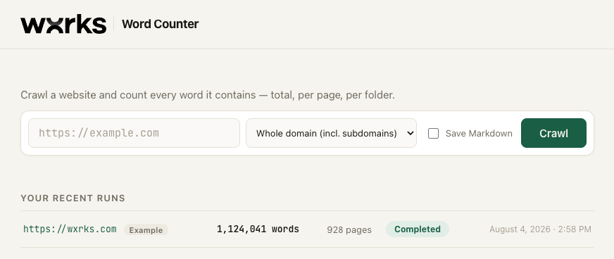 The Word Counter home screen. A field for the domain, a scope selector set to whole domain including subdomains, a Save Markdown checkbox, and a Crawl button.