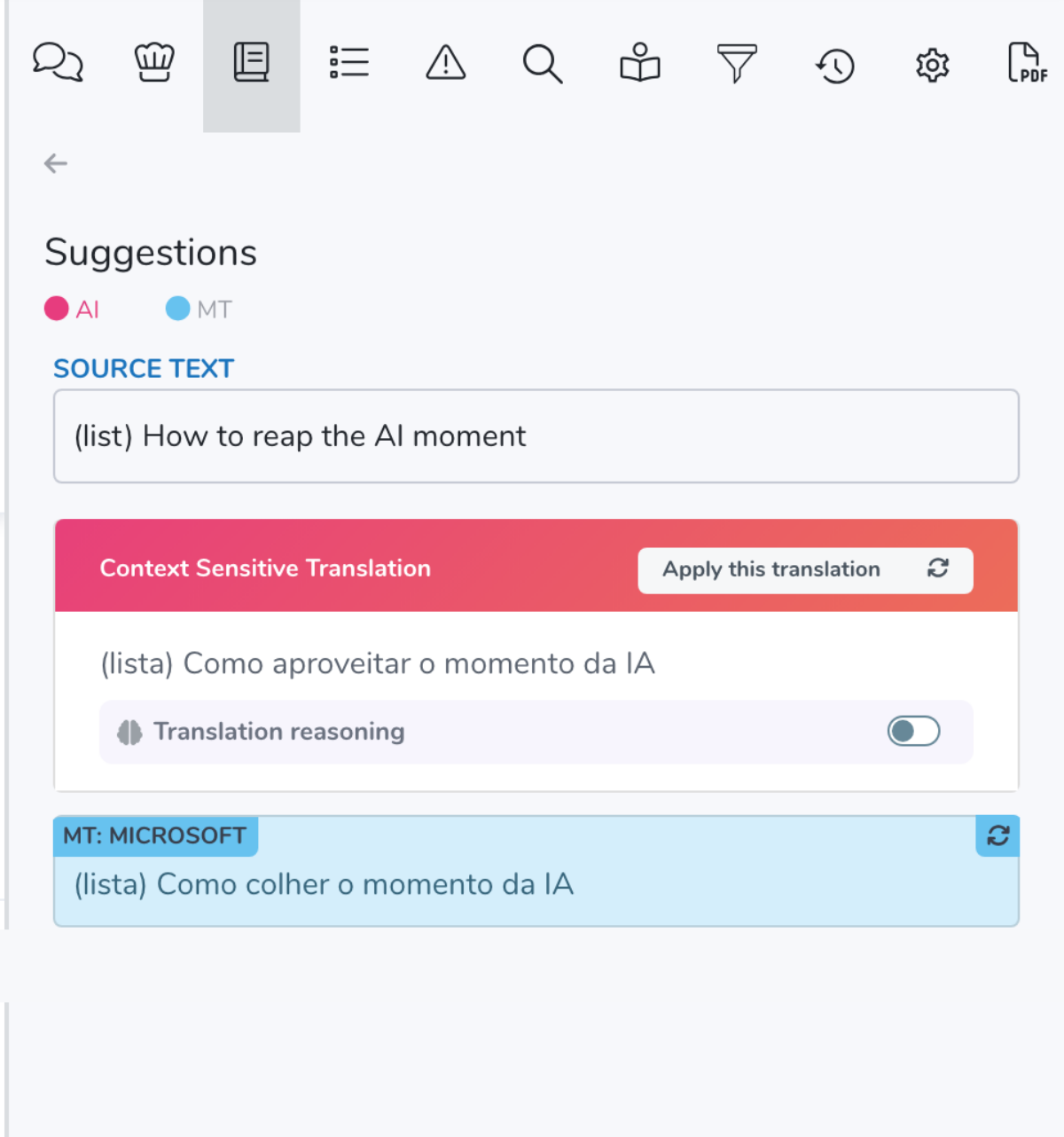 A context sensitive translation shown next to the raw machine translation