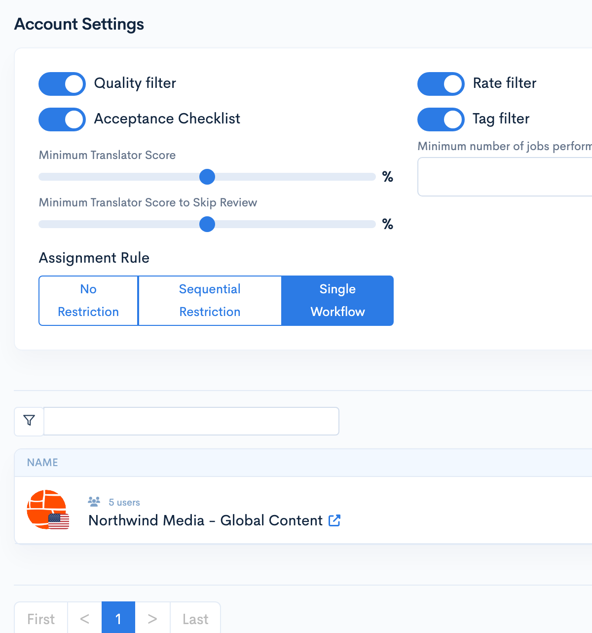 The wxrks task placement settings with a minimum translator score