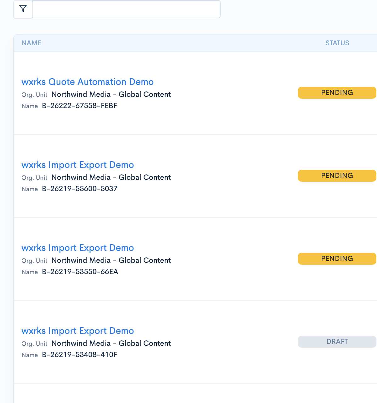 The wxrks project list showing status and progress at a glance