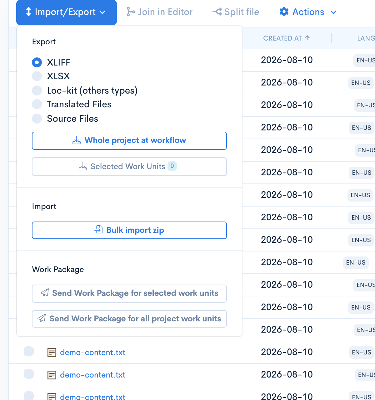 The wxrks import and export menu with XLIFF, XLSX and Loc-kit