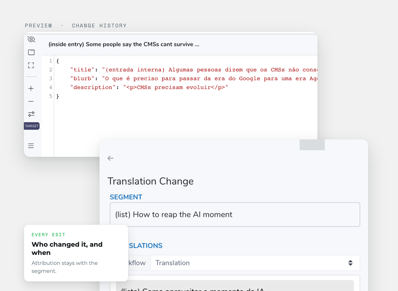 A wxrks JSON preview beside the translation change panel, showing the segment and who edited it.