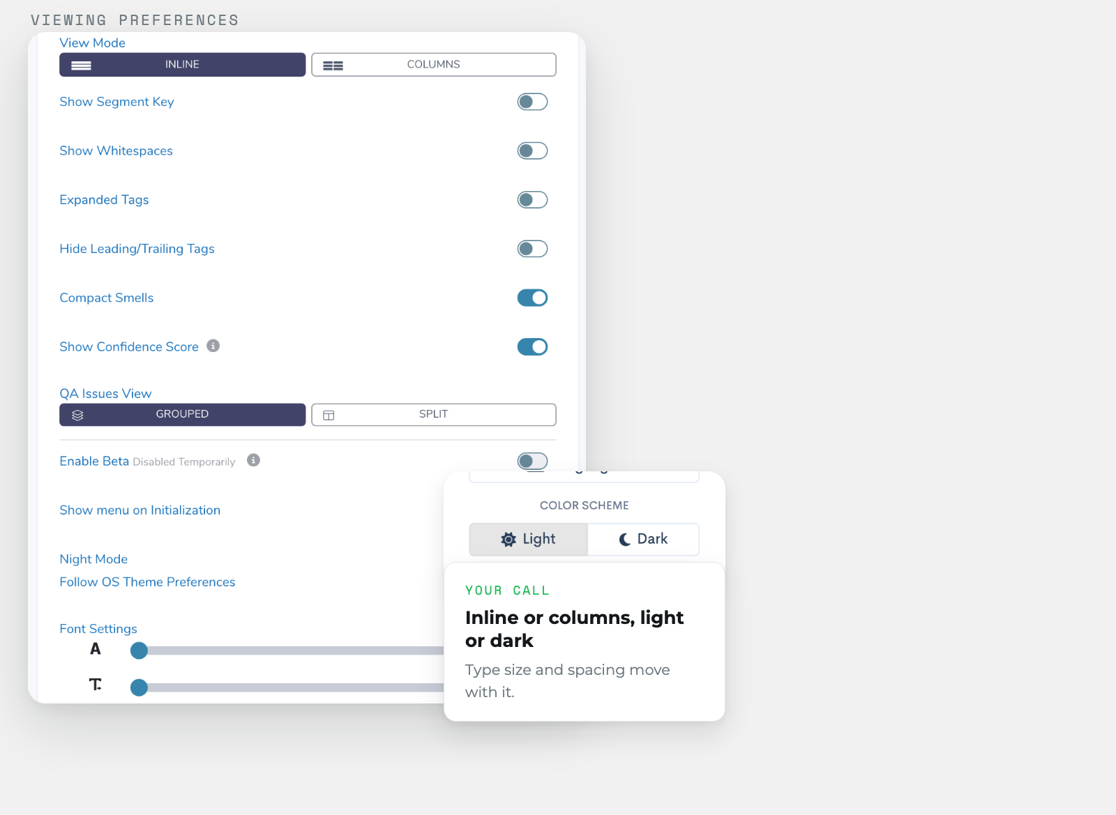 wxrks editor viewing preferences: inline or column view mode, night mode, and font size and spacing controls.