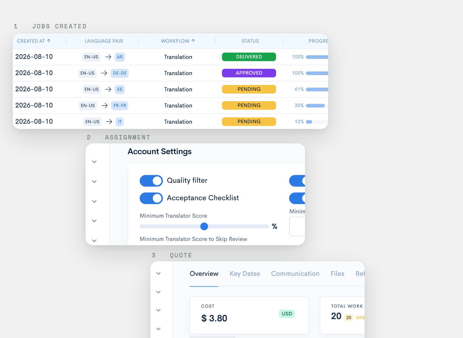 Content change to job to quote in wxrks: work units created with status and progress, task placement rules, and the resulting project cost.