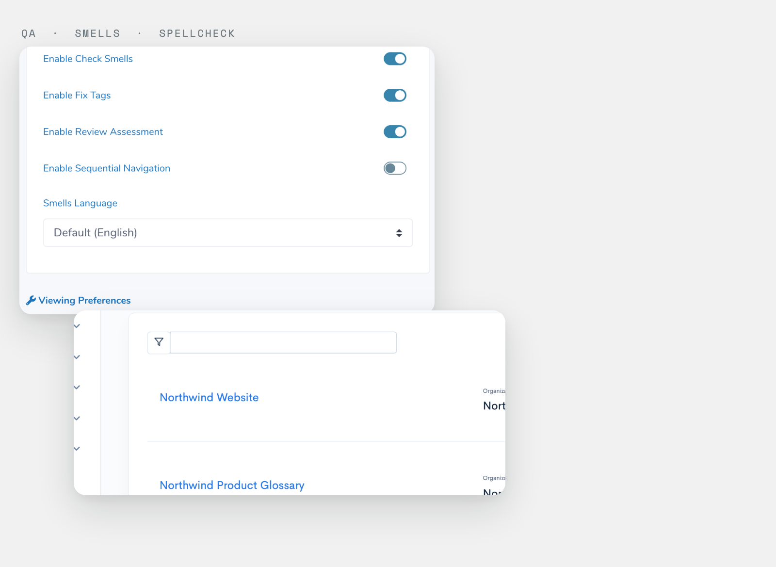 wxrks editor quality settings — spellcheck, smells and tag checks — beside the account's glossaries.