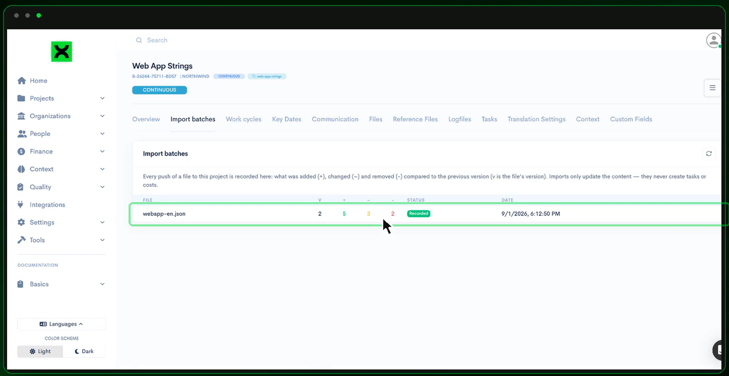 The Import batches tab of a continuous project in wxrks, showing webapp-en.json at version 2 with 5 strings added, 3 changed, and 2 removed, status Recorded.