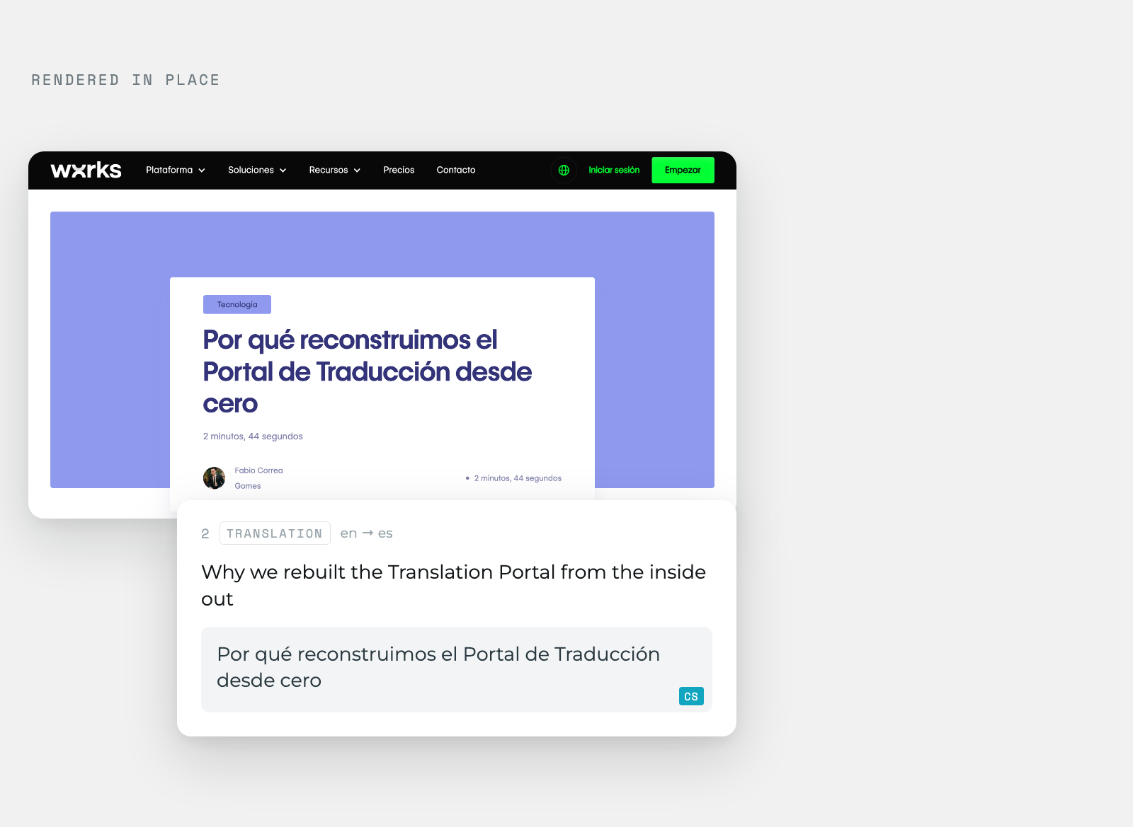A translated blog page rendered in place in the wxrks editor, its Spanish headline sitting in the real layout beside the English segment it came from.