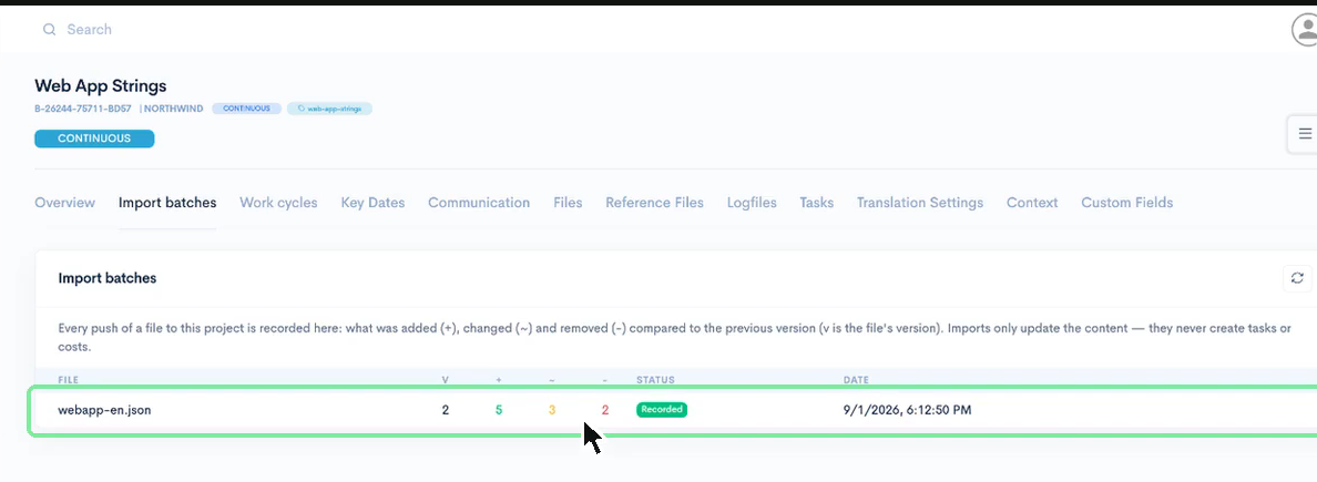 The Import batches tab of a continuous project in wxrks, showing webapp-en.json at version 2 with 5 strings added, 3 changed, and 2 removed, status Recorded.