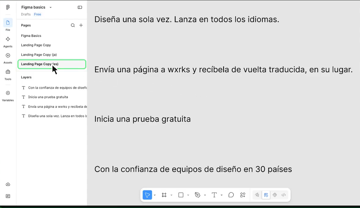 The Figma file after Fetch translations. The pages panel lists Landing Page Copy, Landing Page Copy (ja) and Landing Page Copy (es), with the Spanish page selected and its four text layers translated in the same layout.