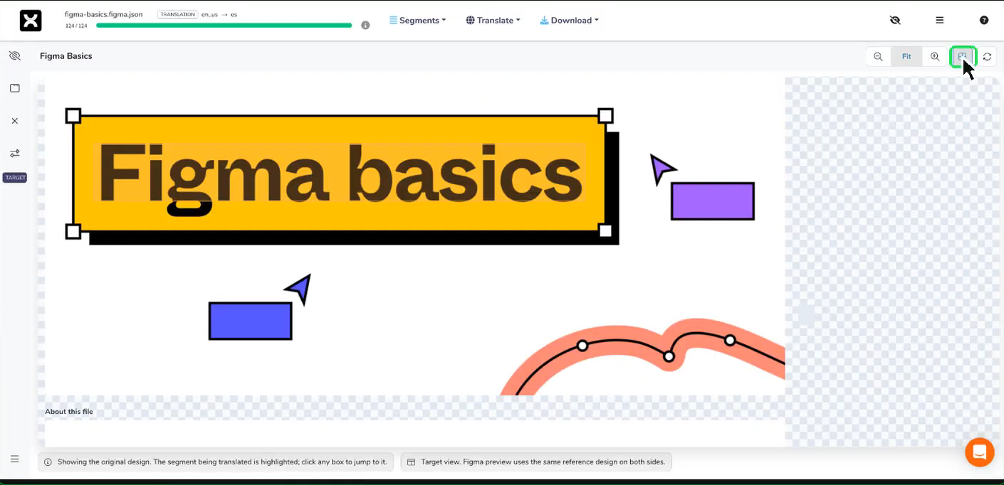 The wxrks editor with a Figma work unit open. The preview panel shows the original design with the Figma basics headline outlined as the active text box, Show all boxes turned on, and a footer note that clicking any box jumps to its segment.