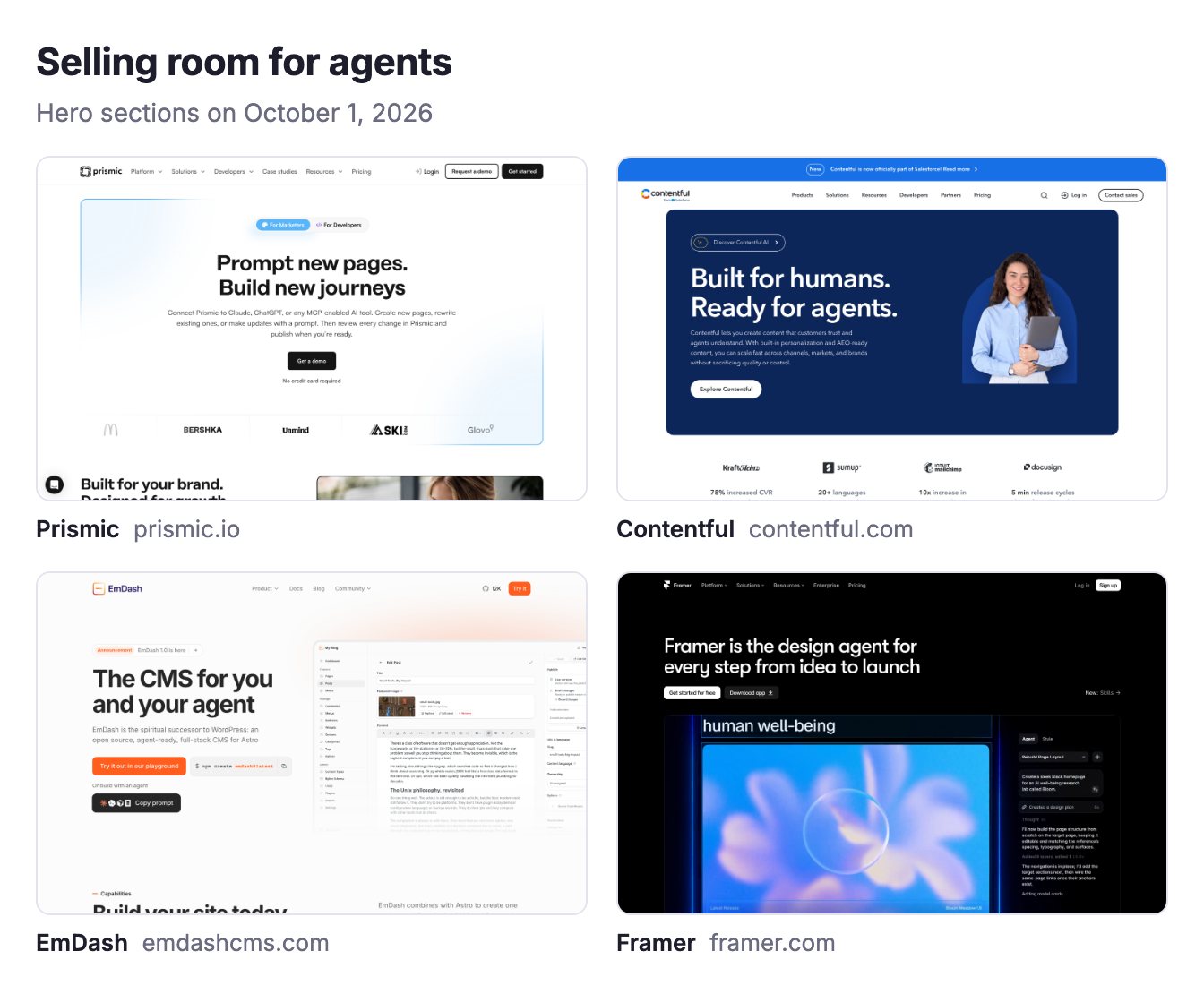 Homepage hero sections of Prismic, Contentful, EmDash and Framer on October 1, 2026, each pitching AI agents or prompts